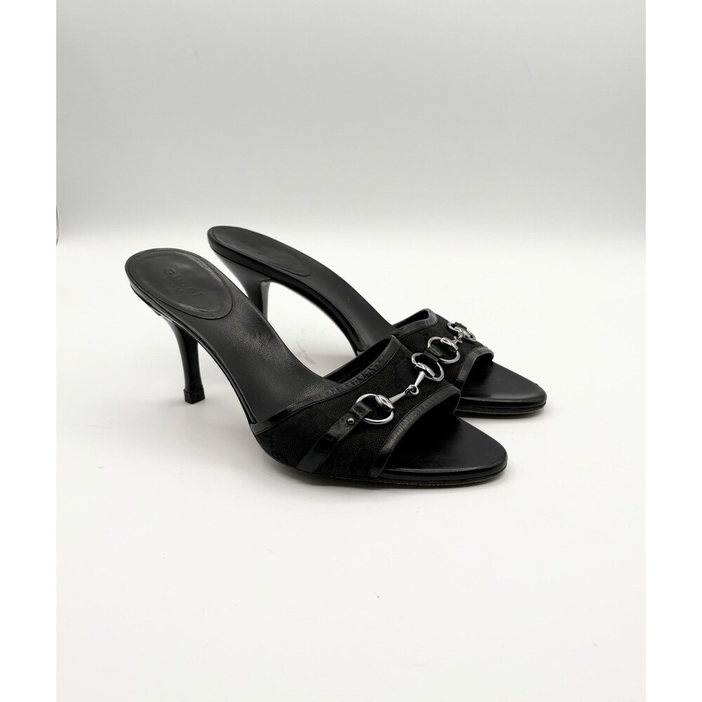 Gucci Black Leather Mules Canvas GG Logo Silver Horsebit Heels Y2K Size EU 35.5 - Picture 3 of 14